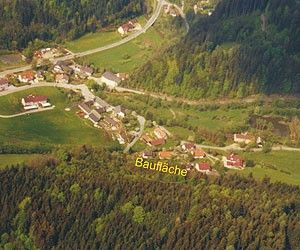 Luftaufnahme eines kleinen Dorfes, umgeben von Bäumen und Gras. Es hat mehrere Häuser mit roten Dächern und ist mit 'Baufache' beschriftet. Das Gebiet liegt zwischen Straßen und Hügeln.