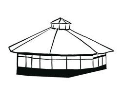 Eine Schwarz-Weiß-Zeichnung eines Pavillons mit einem kuppelförmigen Dach und mehreren Fenstern.
