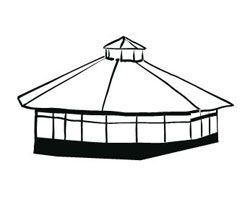 Eine Schwarz-Weiß-Zeichnung eines Pavillons mit einem kuppelförmigen Dach und mehreren Fenstern.