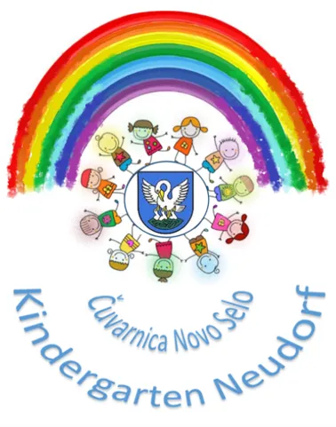 Ein Regenbogen mit Kindern, die Händchen halten, um ein Wappen. Der Text lautet 'Kindergarten Novo Selo' und 'Cuvamica Novo Selo' in Blau.