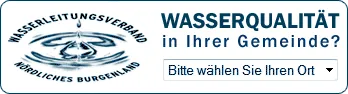 Das Bild zeigt ein Logo für 'Wasserqualitat in Ihrer Gemeinde?' mit einem Wassertropfen und Text. Unten ist eine Aufforderung, einen Ort auszuwählen.
