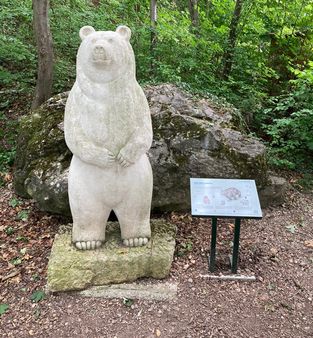 Eine Statue eines weißen Bären steht in einem Wald mit einem Informationsschild in der Nähe.