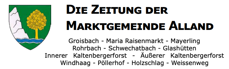 Das Logo der Zeitung der Marktgemeinde Alland. Es zeigt einen Baum, Wasser und Berge. Darunter sind Namen von Gebieten wie Groisbach, Maria Raisenmarkt und Mayerling.