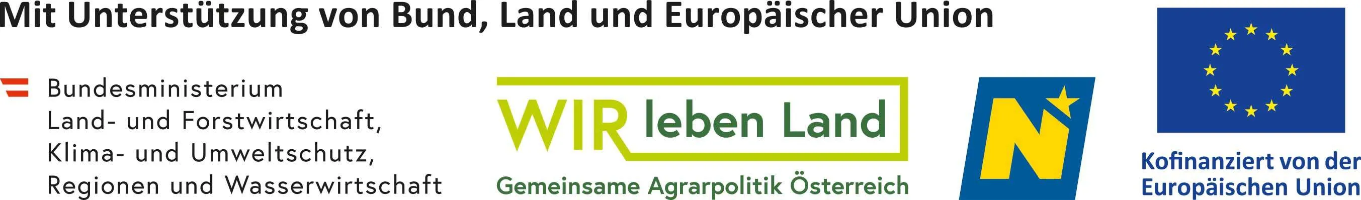 Das Bild zeigt ein Logo für eine gemeinsame Agrarpolitik in Europa, mit dem Text 'Land und Europäische WIR leben Land' in grüner Umrandung. Darunter steht 'Gemeinsame Agrarpolitik Österreich'.
