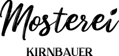 Ein Schwarz-Weiß-Bild zeigt das Wort 'Mosterei' in Handschriftstil über 'KIRNBAUER'. Die Schrift ist kursiv und leicht geneigt, mit einem dekorativen Blatt am Ende von 'Mosterei'.
